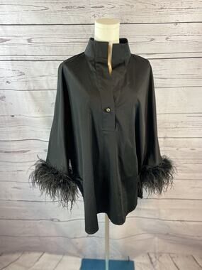 TUCKERNUCK Willow Blouse Black Feather Trim Statement Top Women’s Large